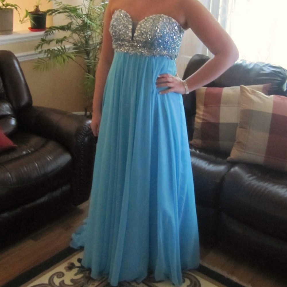 Camille La Vie Blue Sequin Embellished Prom Gown